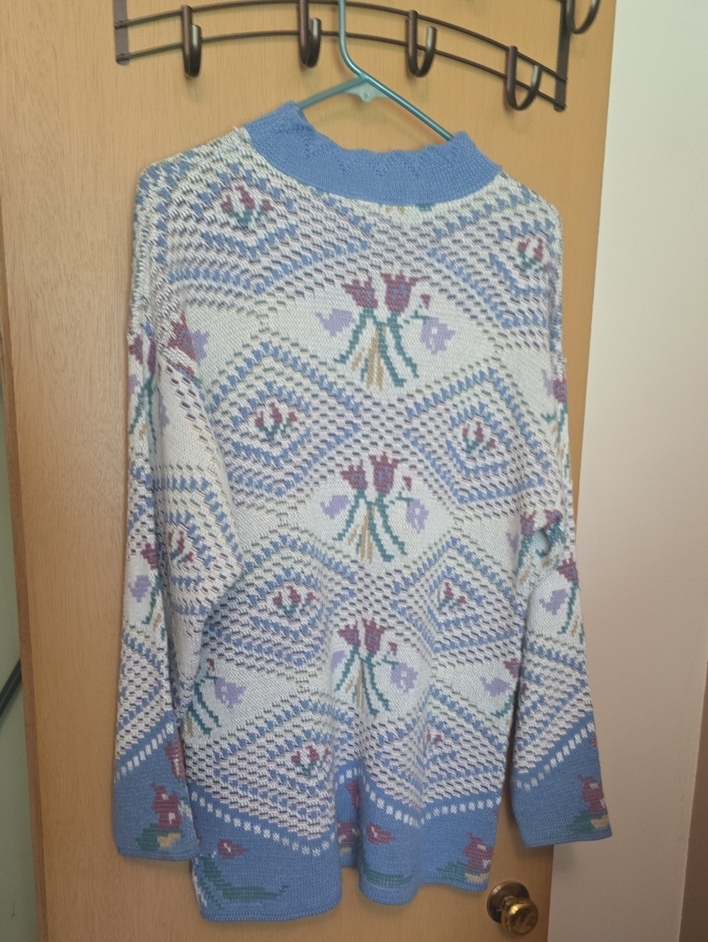Vintage Cottagecore Blue Floral Pattern Knit Tunic Sweater